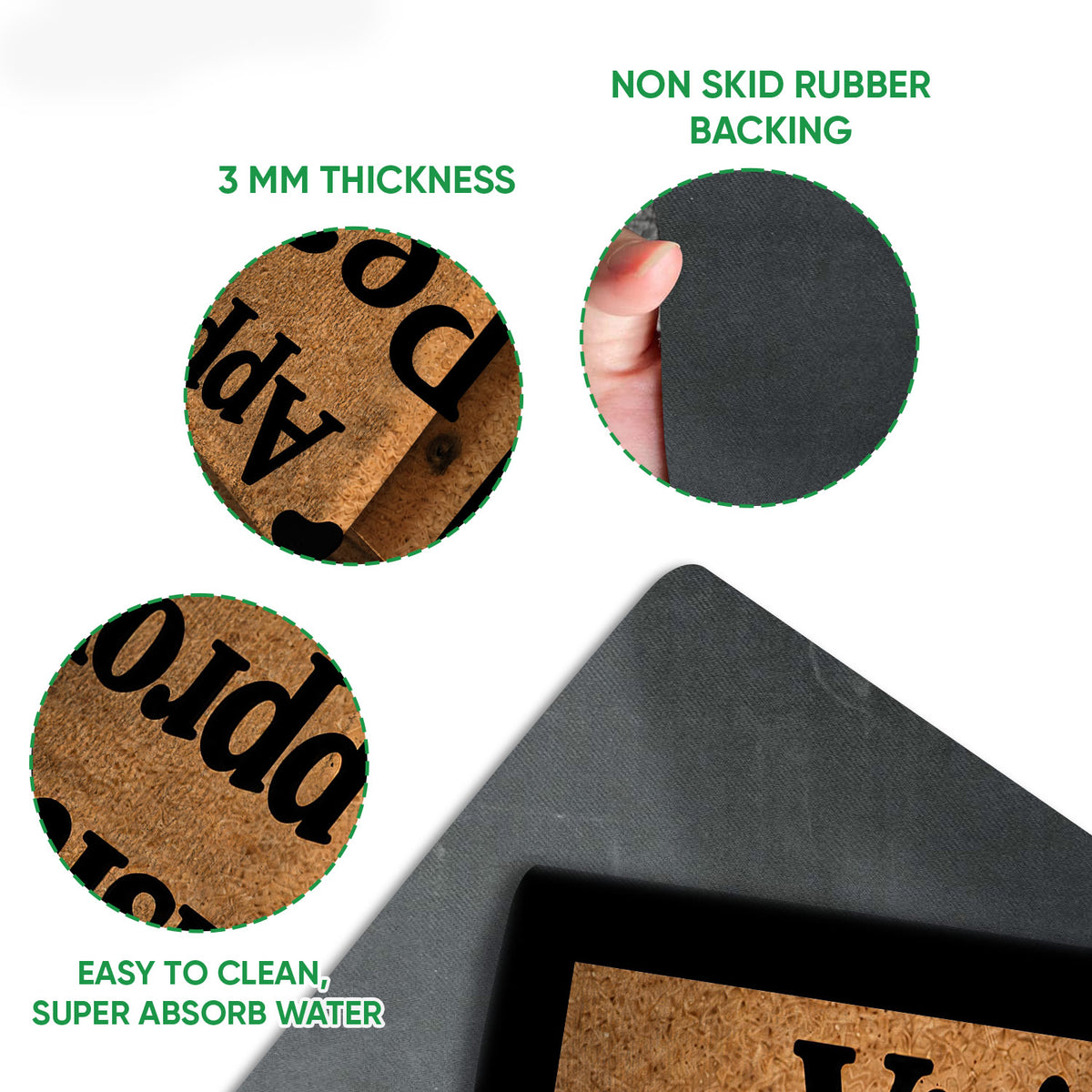 Brittany Spaniel doormat feature view showing printed top surface and black rubber backing