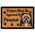 Lhasa Apso doormat with a long-haired dog portrait, paw prints, and bold black welcome lettering