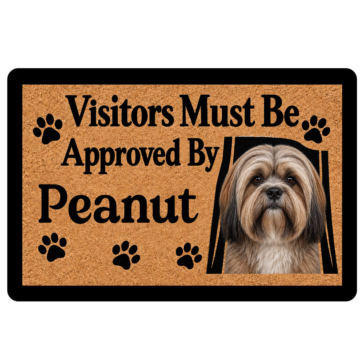 Lhasa Apso doormat with a long-haired dog portrait, paw prints, and bold black welcome lettering