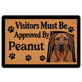 Rhodesian Ridgeback doormat with a realistic dog portrait, paw prints, and playful visitor approval message