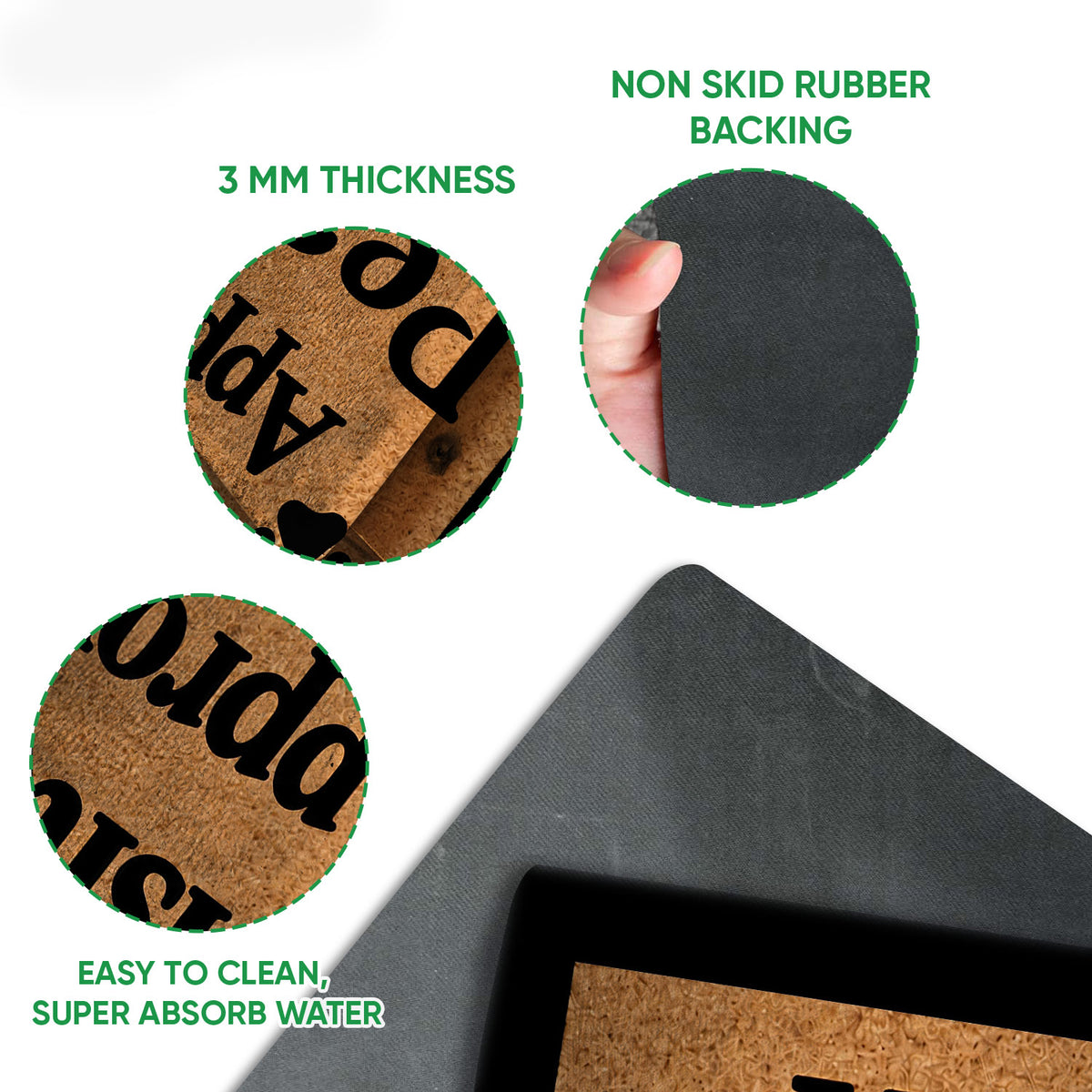 Close-up feature view showing the printed doormat surface and black rubber backing