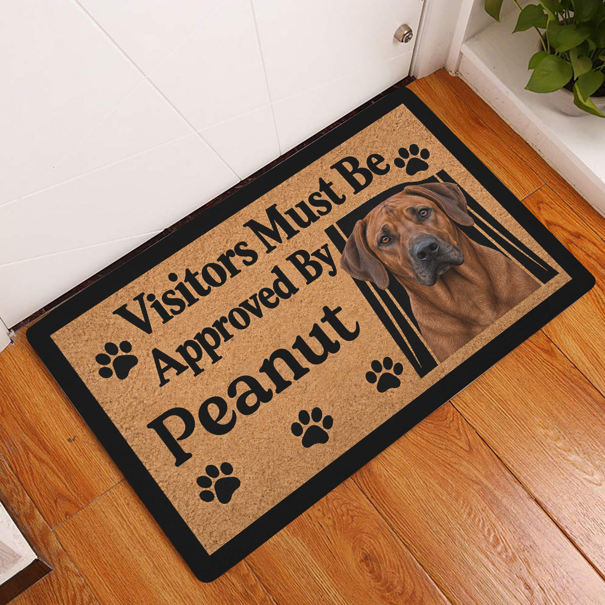 Rhodesian Ridgeback doormat displayed in an indoor entryway beside a white door and wood floor