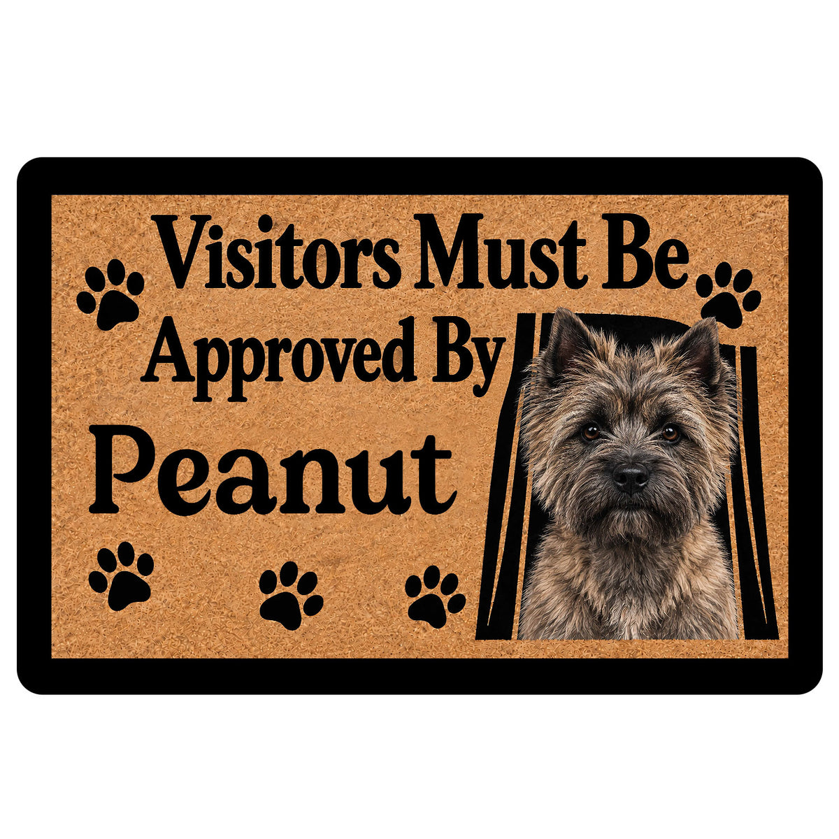 Cairn Terrier doormat with paw prints, portrait artwork, and a humorous visitor approval message