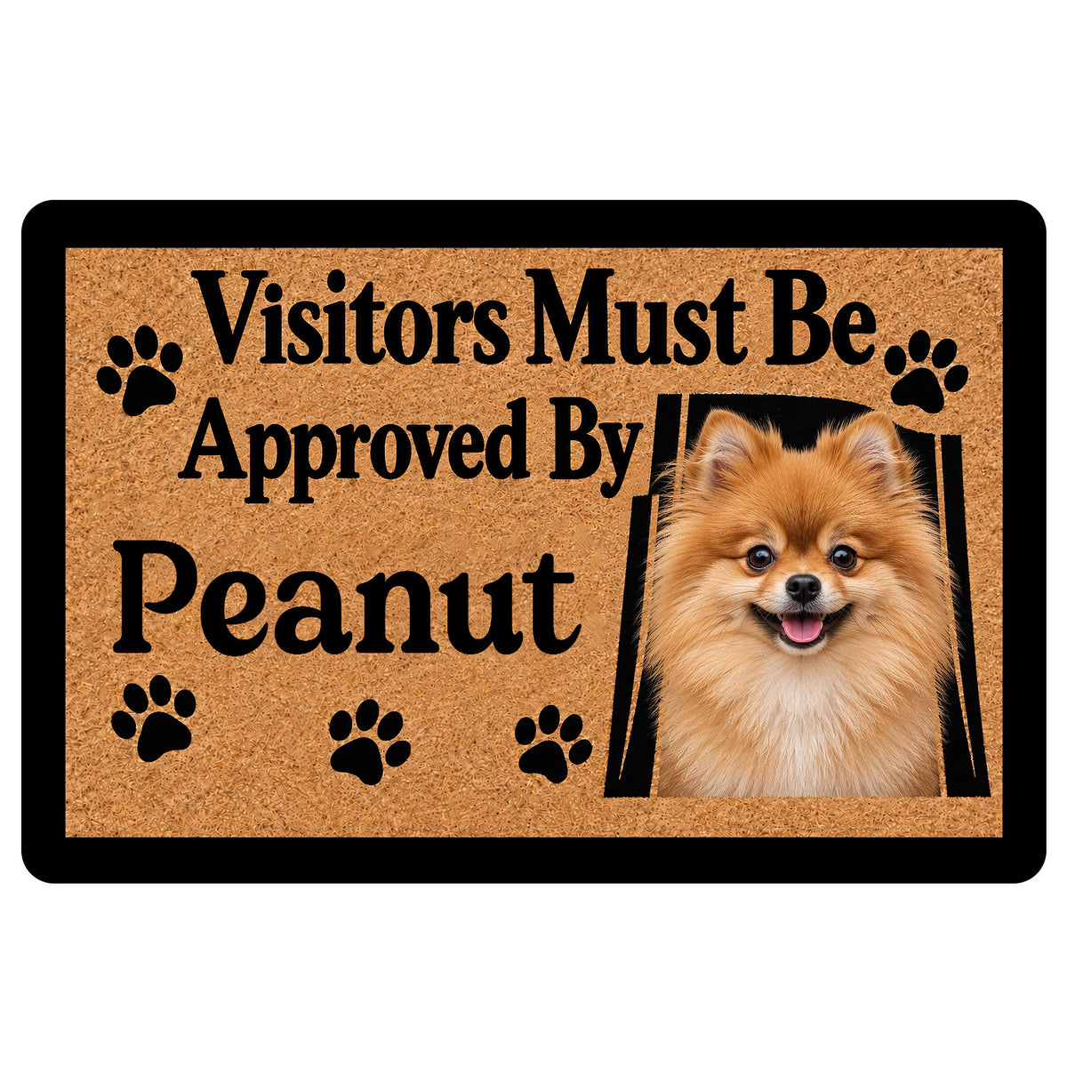 Pomeranian doormat with cheerful dog portrait, paw prints and playful welcome message on a tan background