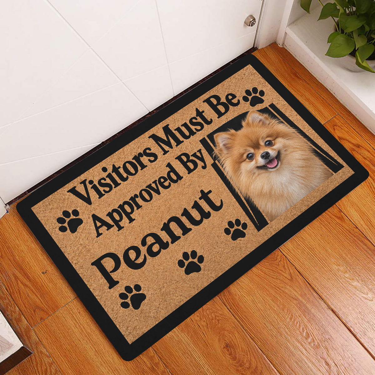 Pomeranian entryway doormat displayed beside a white door on a warm wood floor