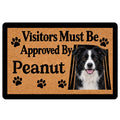 Border Collie doormat with a black-and-white dog portrait, paw prints, and a playful visitor message
