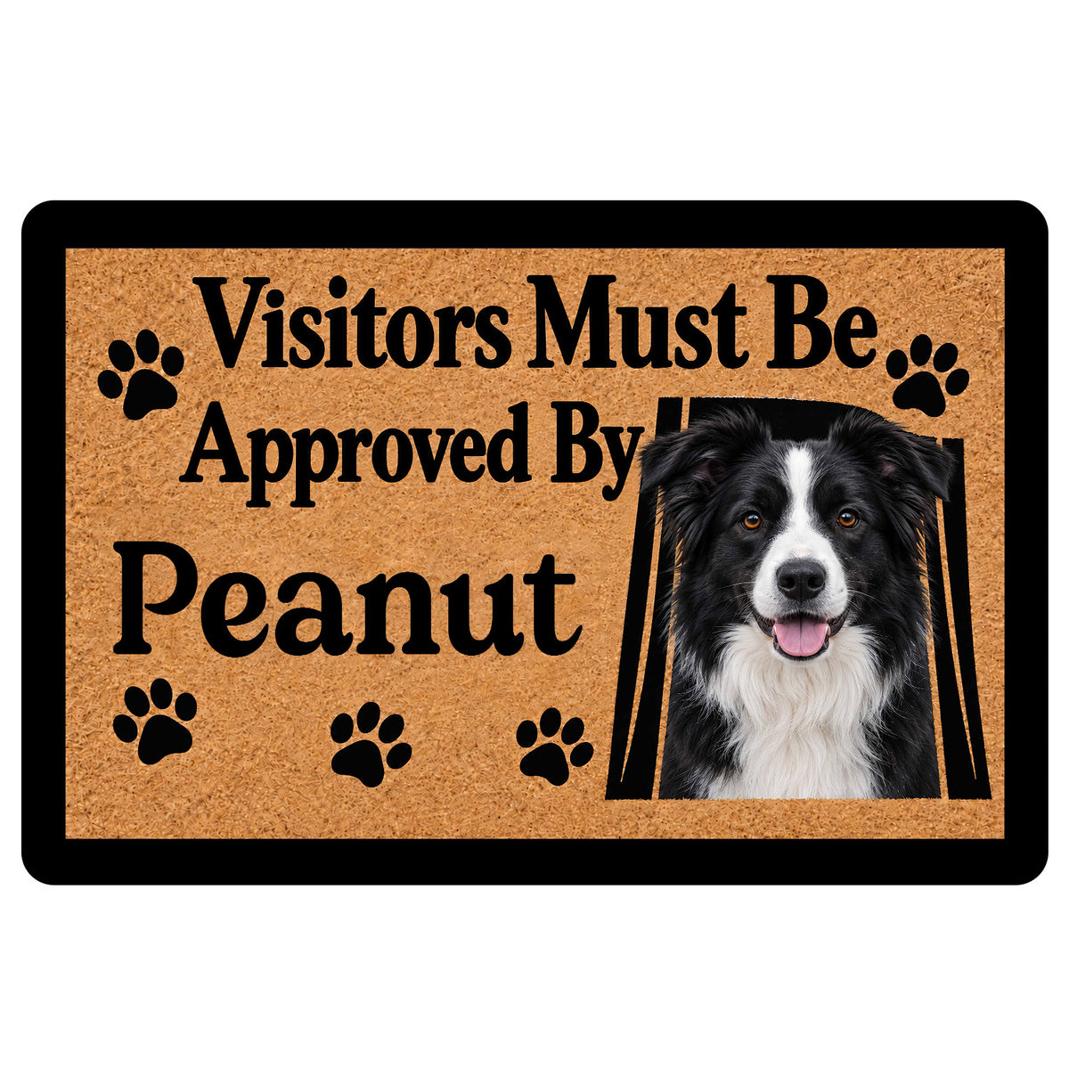 Border Collie doormat with a black-and-white dog portrait, paw prints, and a playful visitor message