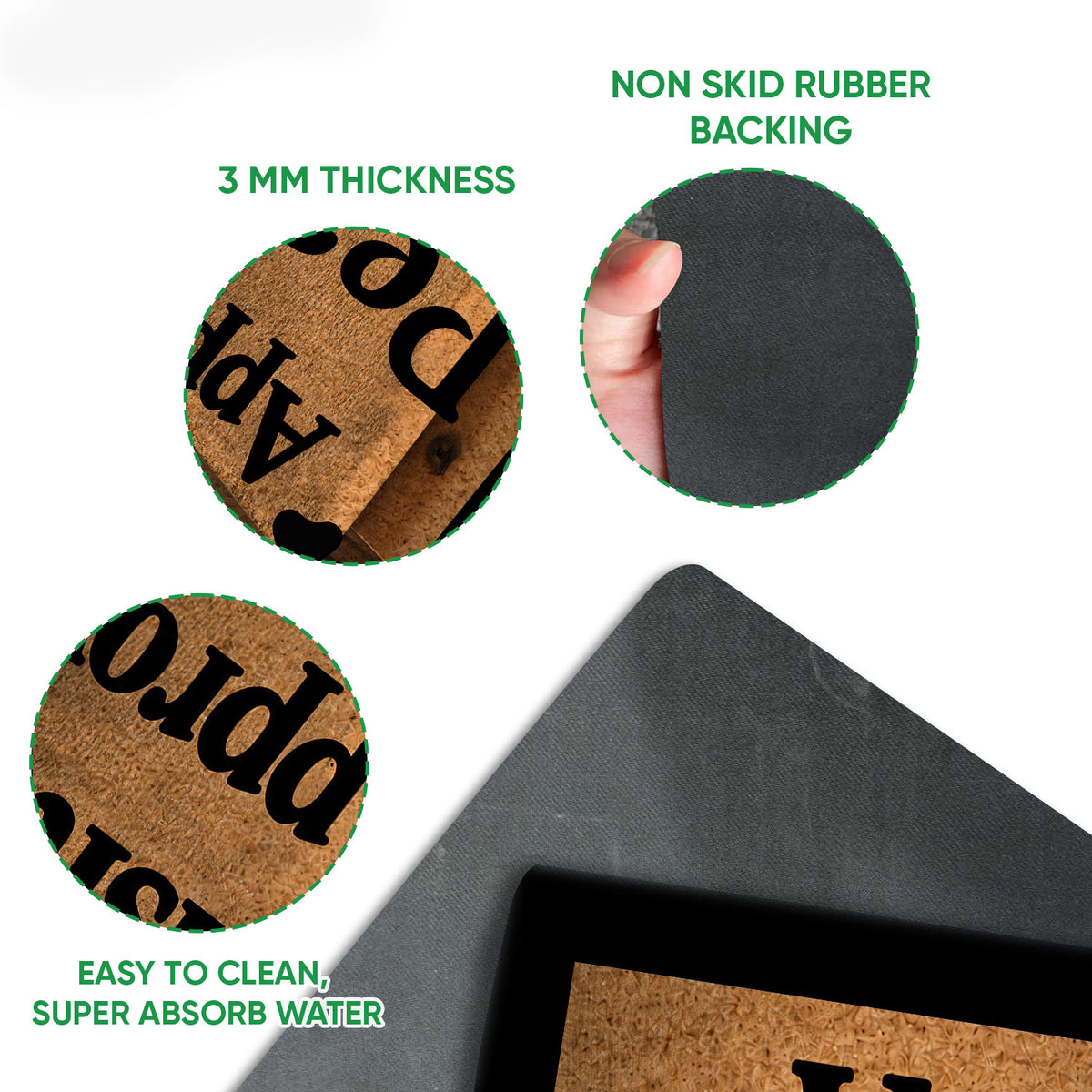 Close-up feature view of the Border Collie doormat surface, backing, and rounded black border