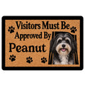 Custom Havanese dog doormat with fluffy black and white puppy, paw prints, natural coir-look printed background, black border and funny Visitors Must Be Approved By Peanut quote