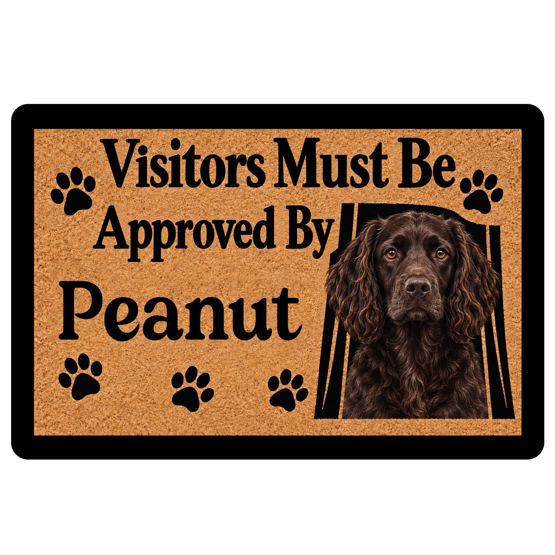 Brown Boykin Spaniel portrait doormat with paw prints and a welcoming entryway message