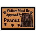 Brown Boykin Spaniel portrait doormat with paw prints and a welcoming entryway message