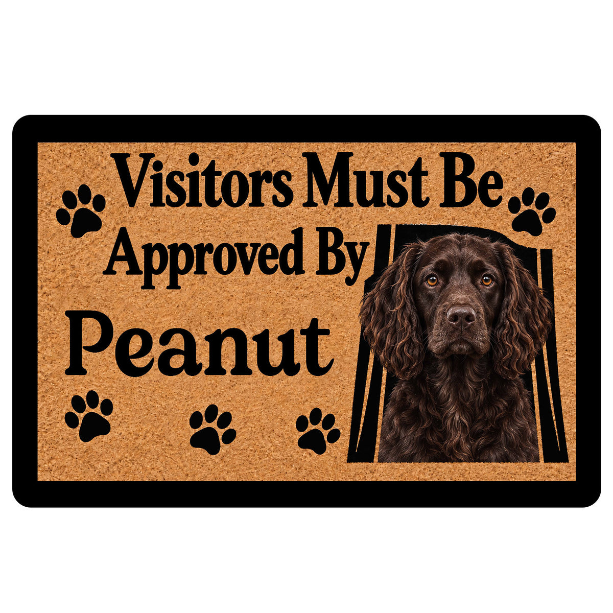 Brown Boykin Spaniel portrait doormat with paw prints and a welcoming entryway message