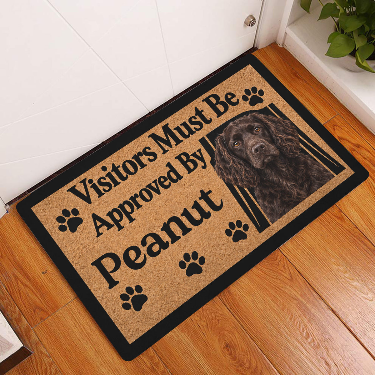 Boykin Spaniel doormat displayed by a white door on a warm wood floor