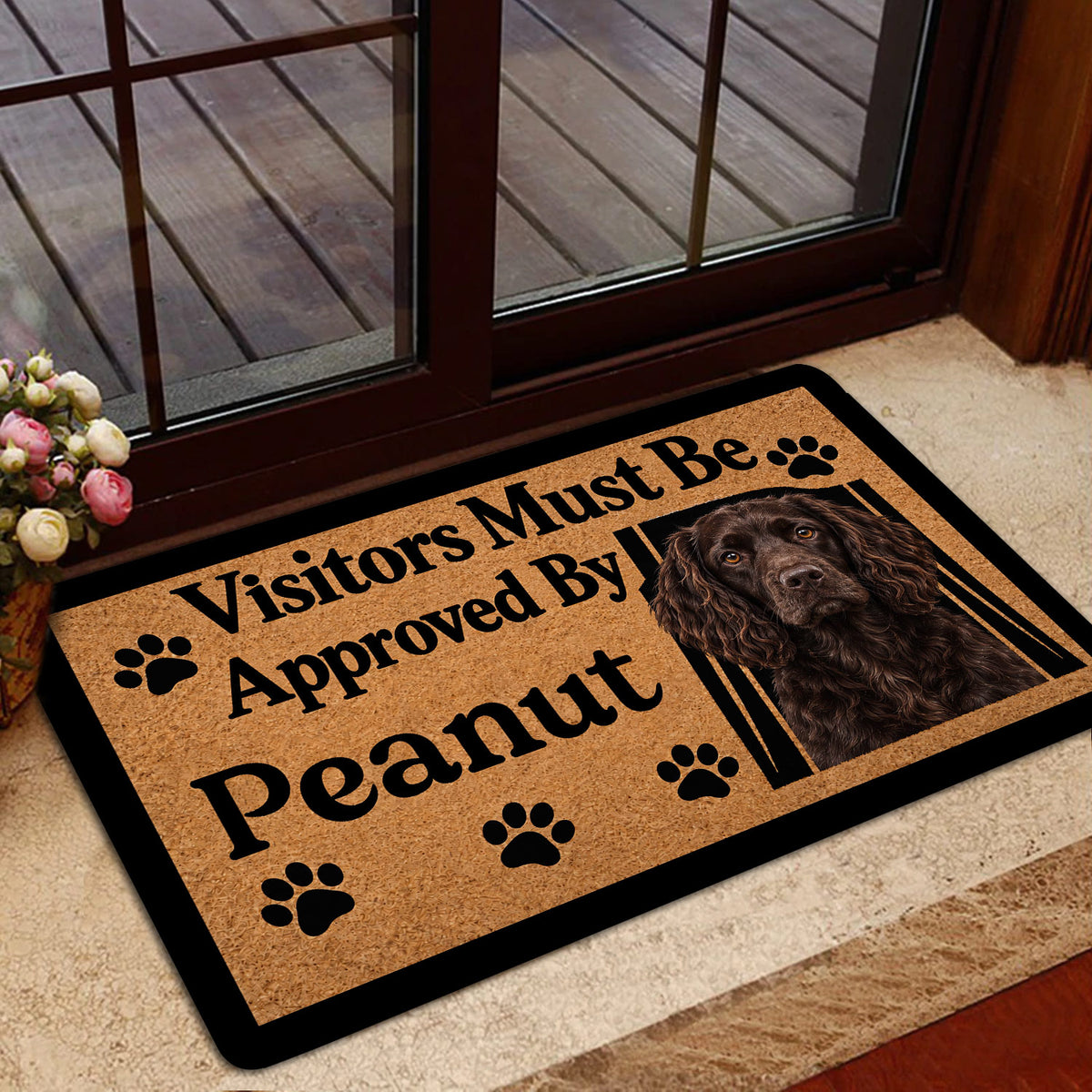 Boykin Spaniel entryway mat positioned near a glass door with a welcoming pet design