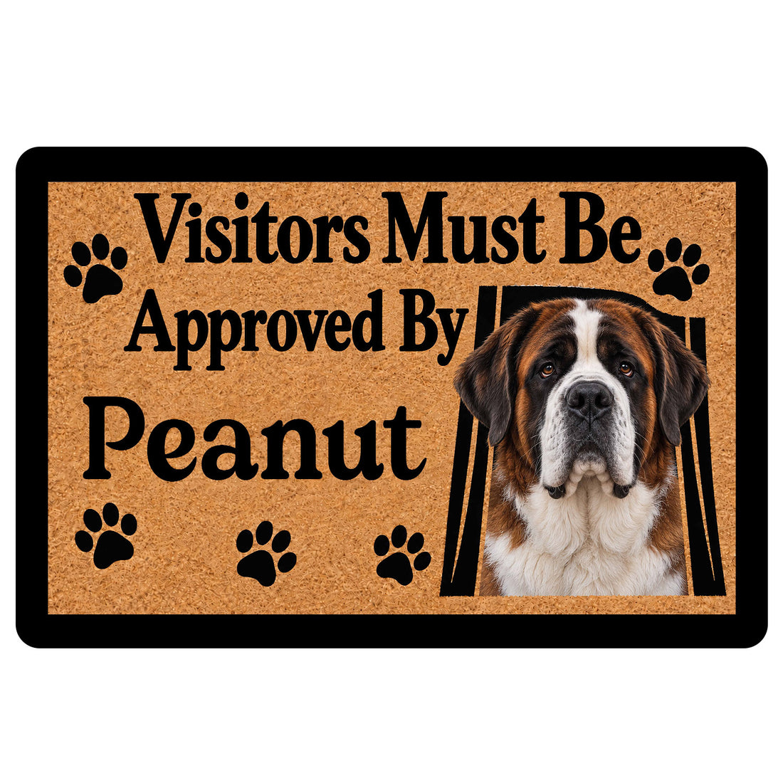 Saint Bernard doormat with tan textured artwork, black paw prints, and a friendly welcome message