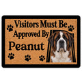 Saint Bernard doormat with tan textured artwork, black paw prints, and a friendly welcome message