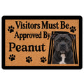 Staffordshire Bull Terrier doormat with black dog portrait, paw prints and bold welcome message