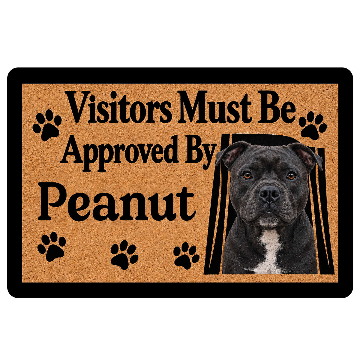Staffordshire Bull Terrier doormat with black dog portrait, paw prints and bold welcome message