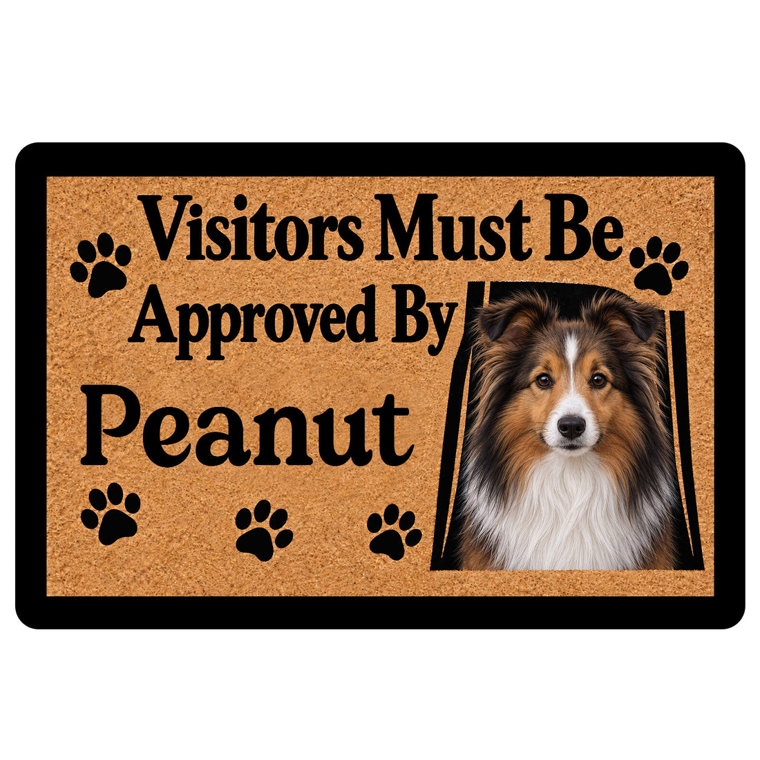 Sheltie portrait doormat with paw prints and playful welcome artwork in tan, black, and white