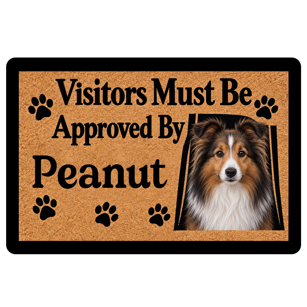 Sheltie portrait doormat with paw prints and playful welcome artwork in tan, black, and white
