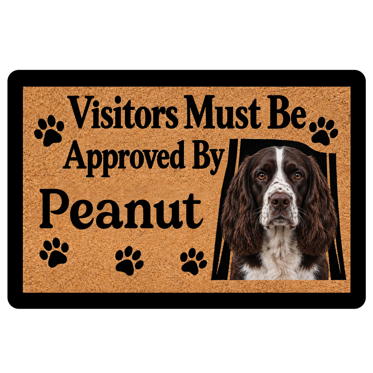 English Springer Spaniel doormat with paw prints, warm tan artwork, black border, and welcoming text