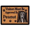 Greyhound doormat with a realistic dog portrait, paw prints, and a playful welcome design