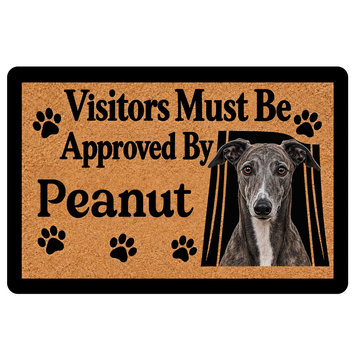 Greyhound doormat with a realistic dog portrait, paw prints, and a playful welcome design