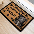 Greyhound entryway mat shown near a doorway with a realistic portrait and paw-print artwork