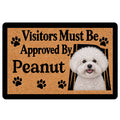 Bichon Frise doormat with a white curly-coated dog portrait, paw prints, and bold black welcome lettering