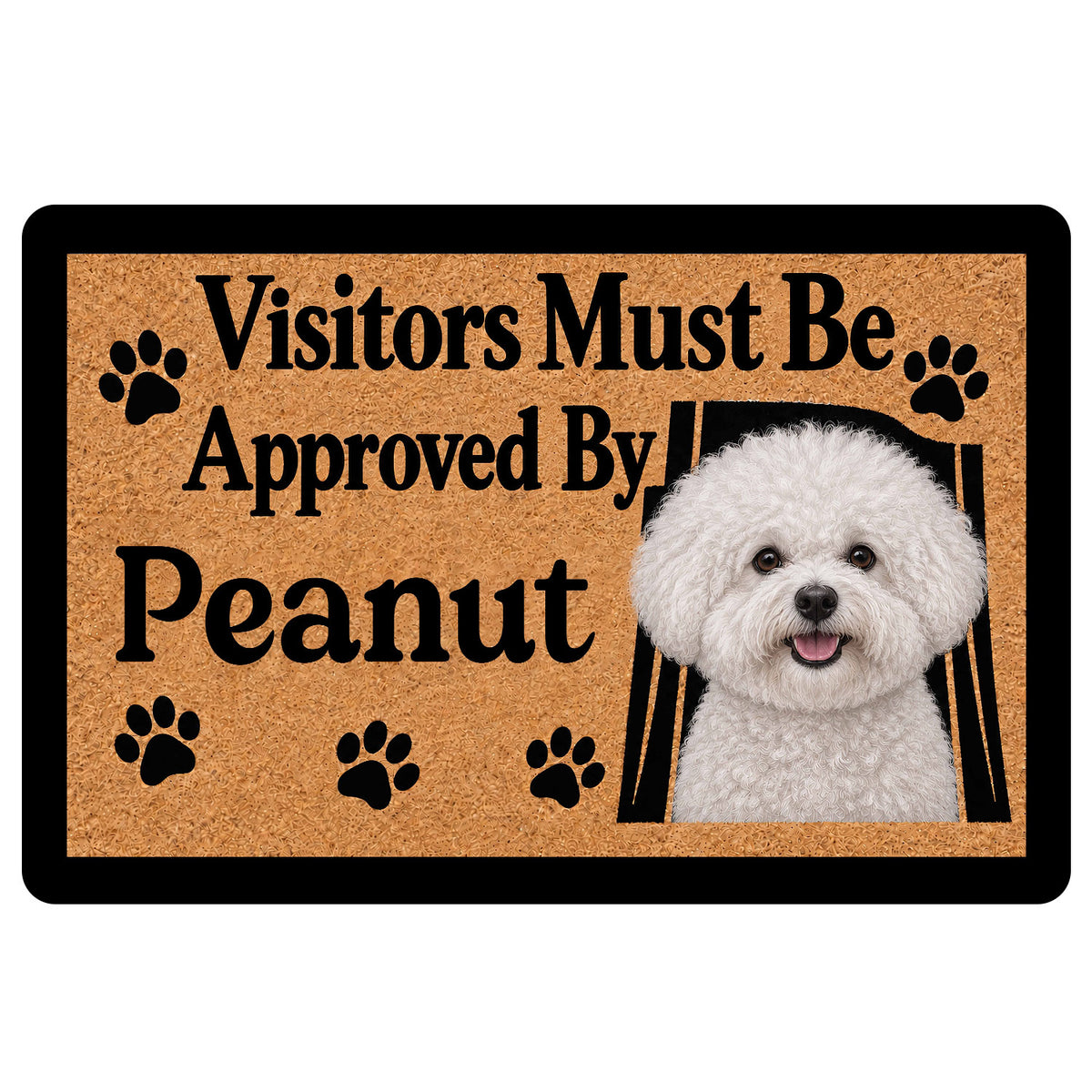 Bichon Frise doormat with a white curly-coated dog portrait, paw prints, and bold black welcome lettering
