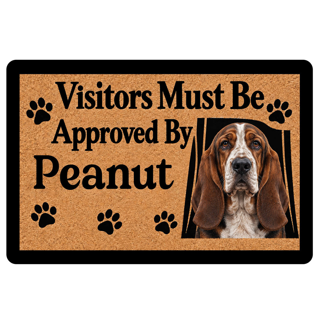 Basset Hound doormat with paw prints, warm tan artwork, and a humorous visitor approval message