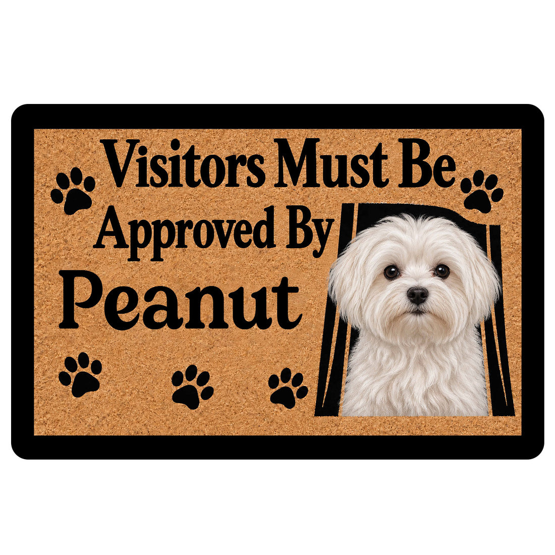 Maltese dog doormat with paw prints, warm tan background, black border, and playful entryway message