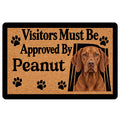 Vizsla dog doormat with a realistic reddish-brown dog portrait, paw prints, and welcoming black typography