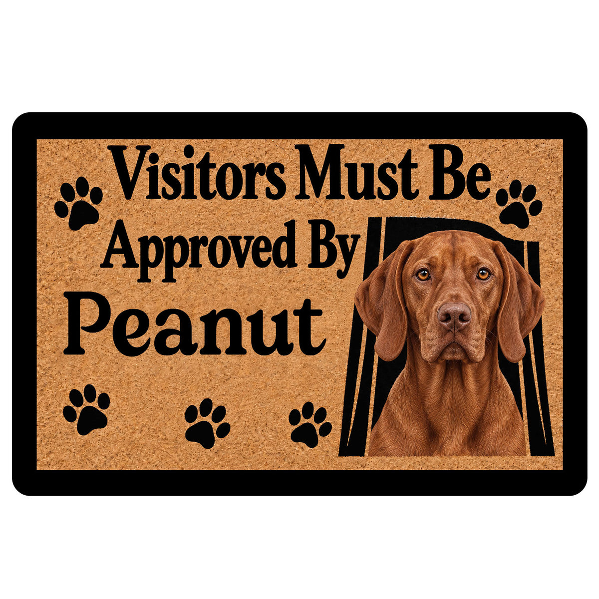 Vizsla dog doormat with a realistic reddish-brown dog portrait, paw prints, and welcoming black typography