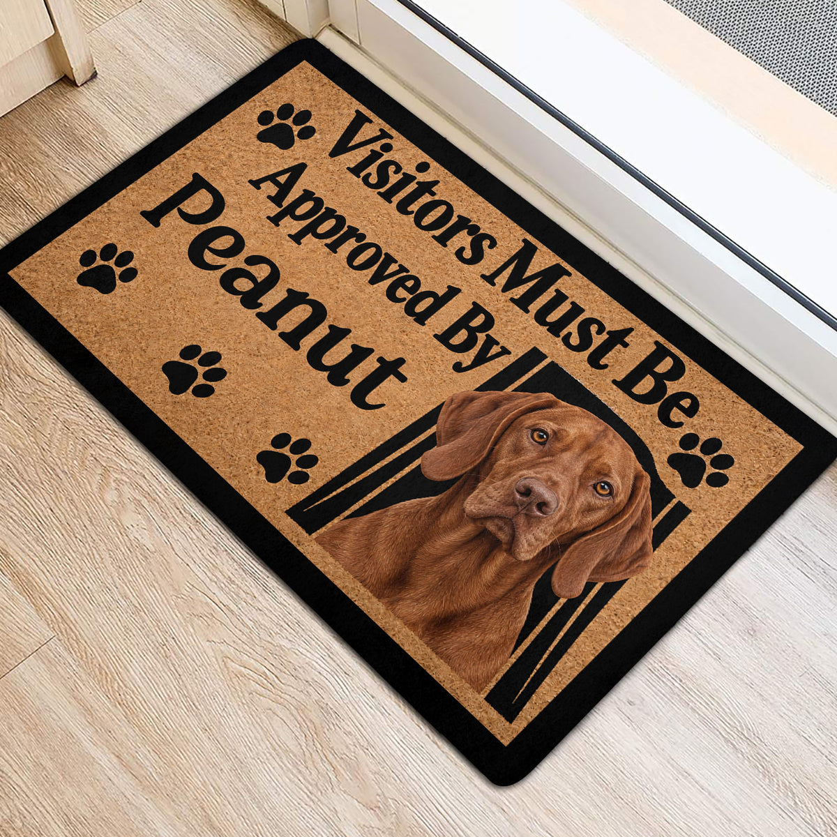 Vizsla dog front door mat featuring a realistic dog portrait, paw prints, and bold black lettering