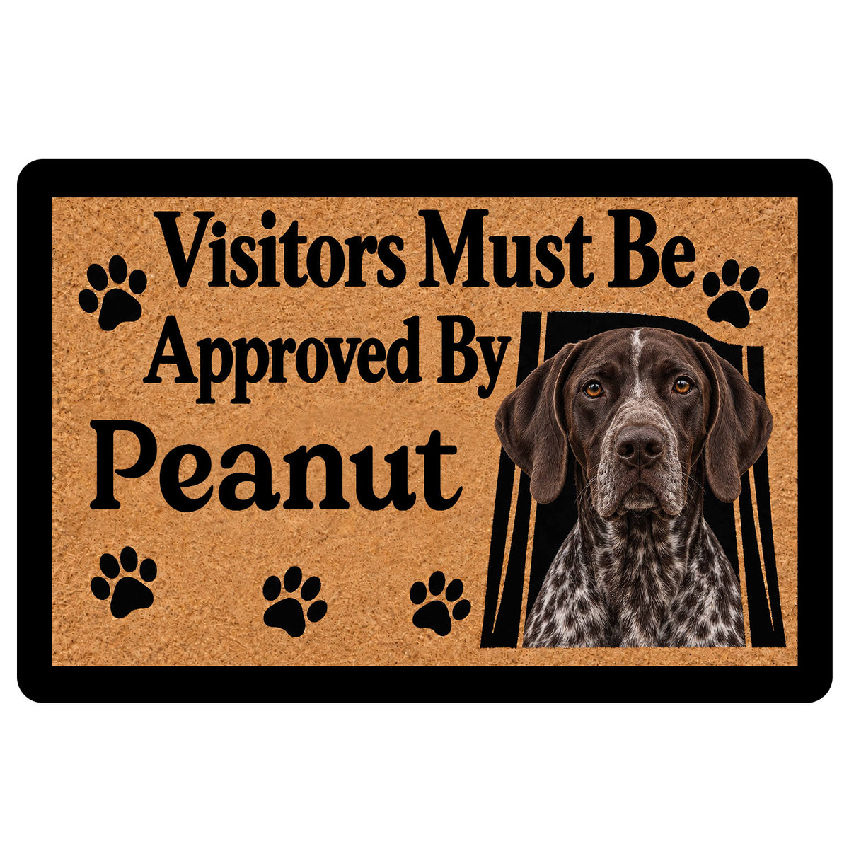 German Shorthaired Pointer doormat with paw prints, warm tan artwork, black border, and bold welcome message