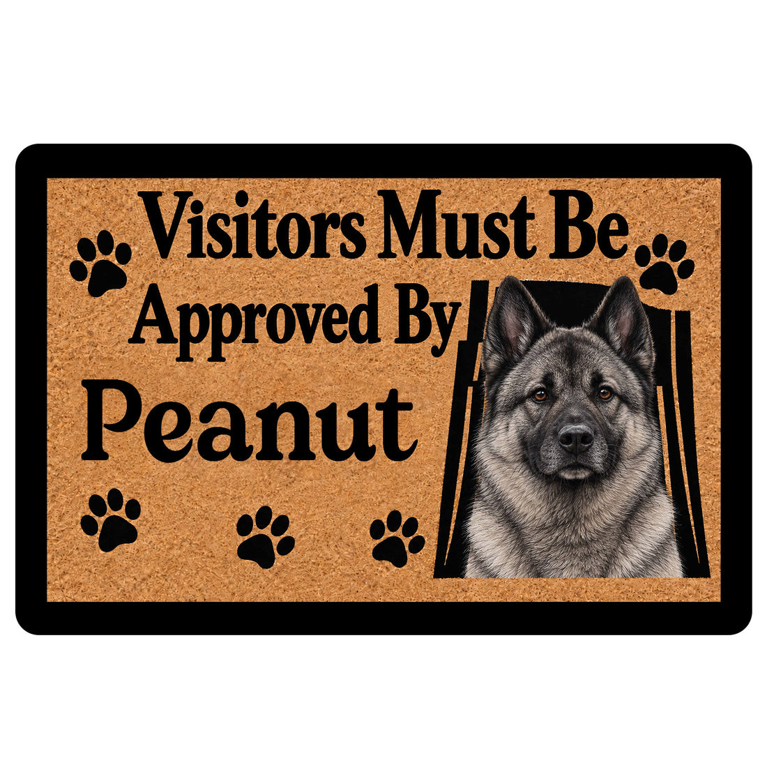Norwegian Elkhound doormat with a gray dog portrait, paw prints, and bold visitor approval lettering