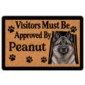 Norwegian Elkhound doormat with a gray dog portrait, paw prints, and bold visitor approval lettering