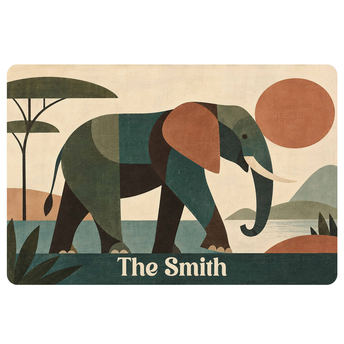 Abstract geometric elephant doormat with botanical scenery, earthy colors, and a dark decorative border