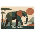 Abstract geometric elephant doormat with botanical scenery, earthy colors, and a dark decorative border