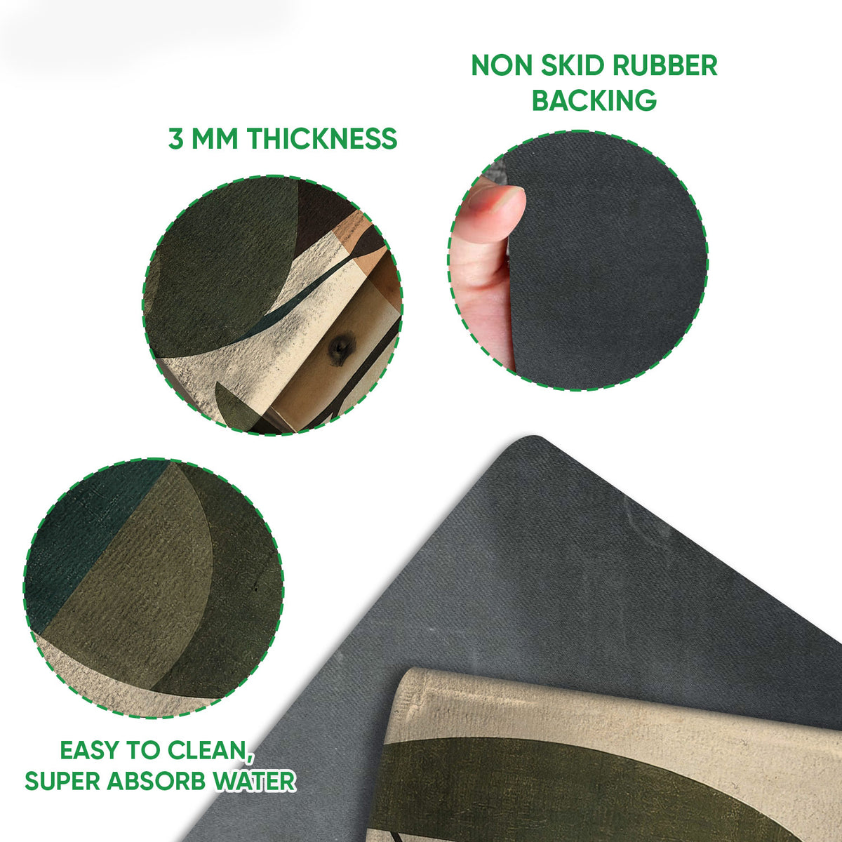 Close-up of the elephant doormat showing the printed surface, rubber backing, and rounded edge construction