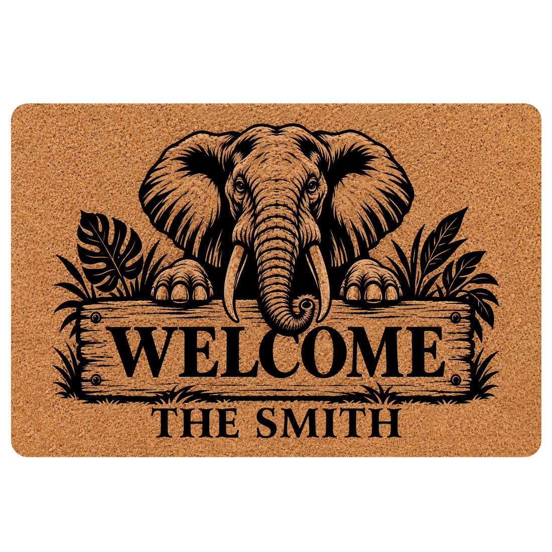 Elephant doormat with black wildlife artwork, tropical leaves, and a welcome sign for an entryway