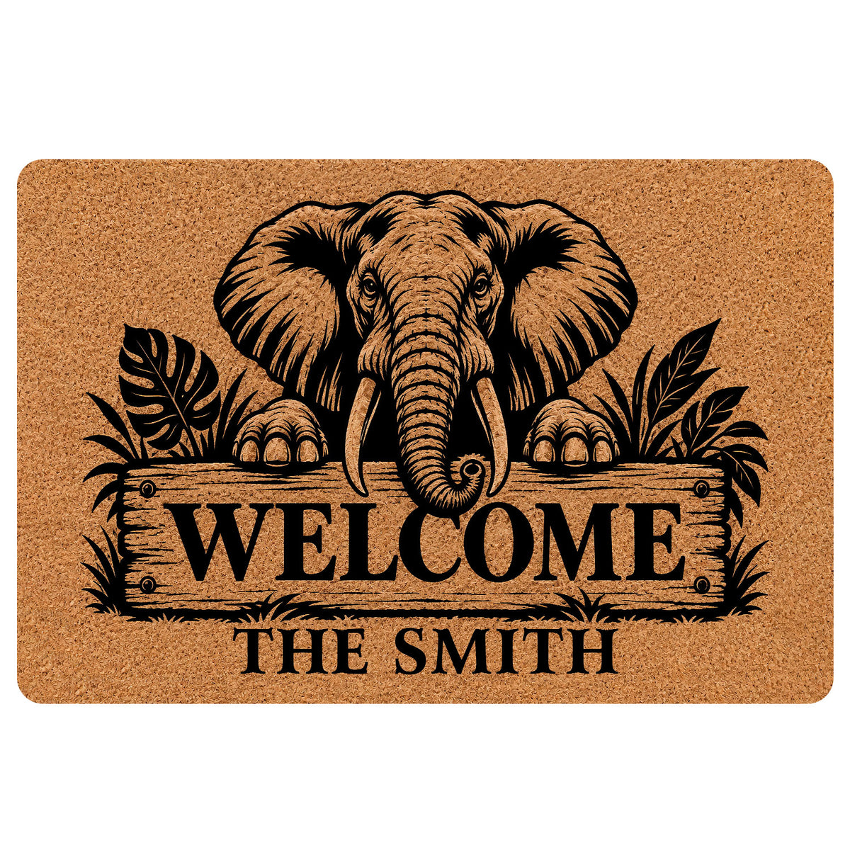 Elephant doormat with black wildlife artwork, tropical leaves, and a welcome sign for an entryway