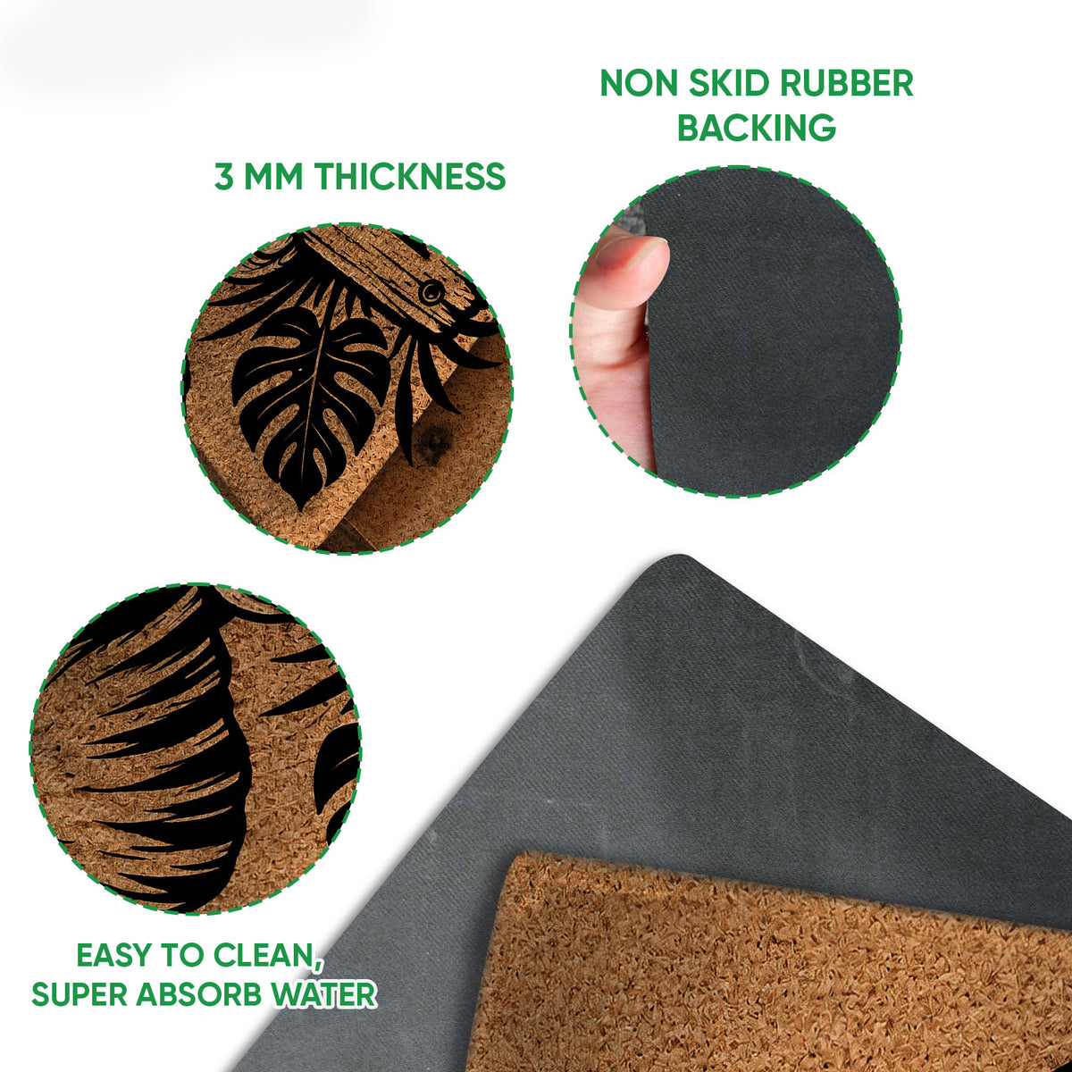 Elephant doormat feature view showing printed surface, rubber backing, traction, and easy-clean details