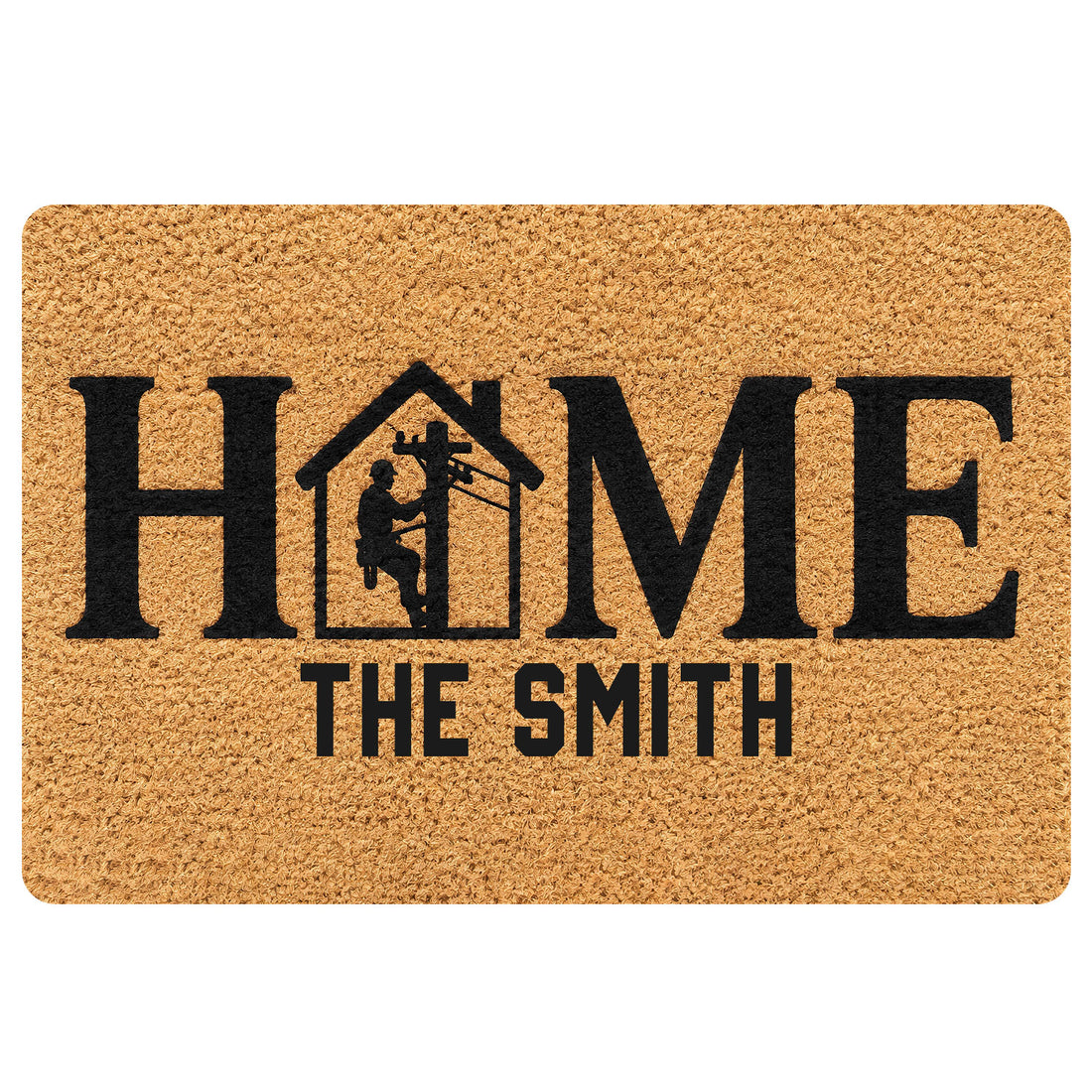 Tan doormat with bold black HOME lettering and a lineman silhouette inside a house design
