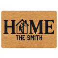 Tan doormat with bold black HOME lettering and a lineman silhouette inside a house design