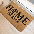 Lineman-themed HOME door mat displayed at an indoor entrance with light wood flooring