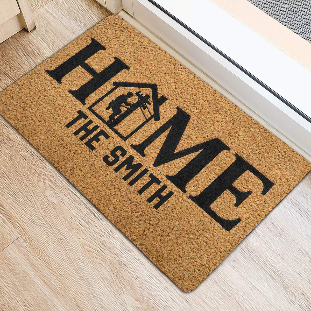 Lineman-themed HOME door mat displayed at an indoor entrance with light wood flooring