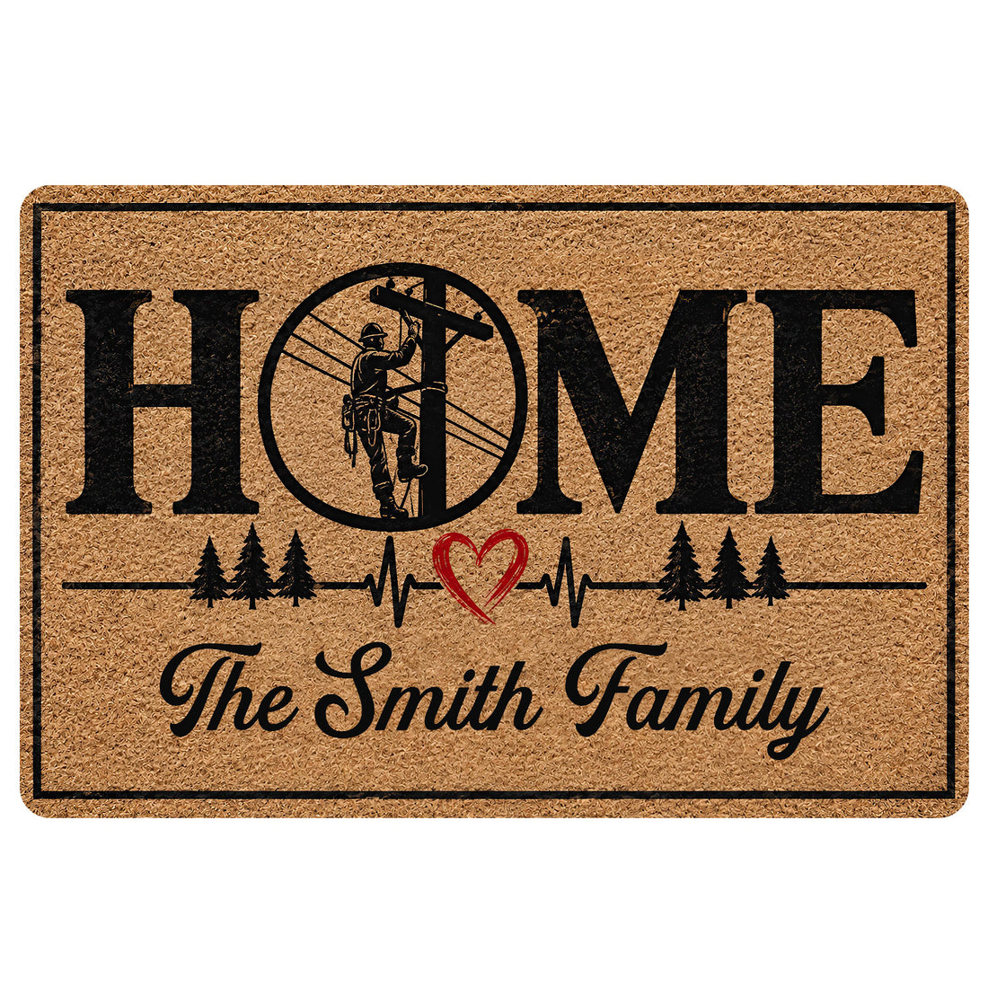Lineman doormat with bold HOME lettering, utility worker artwork, trees, heartbeat line and heart