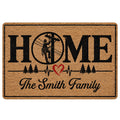Lineman doormat with bold HOME lettering, utility worker artwork, trees, heartbeat line and heart